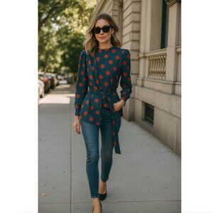 Milk & Honey Women's Blouse Belted Polka Dots Multicolor Large Classic Elegance
